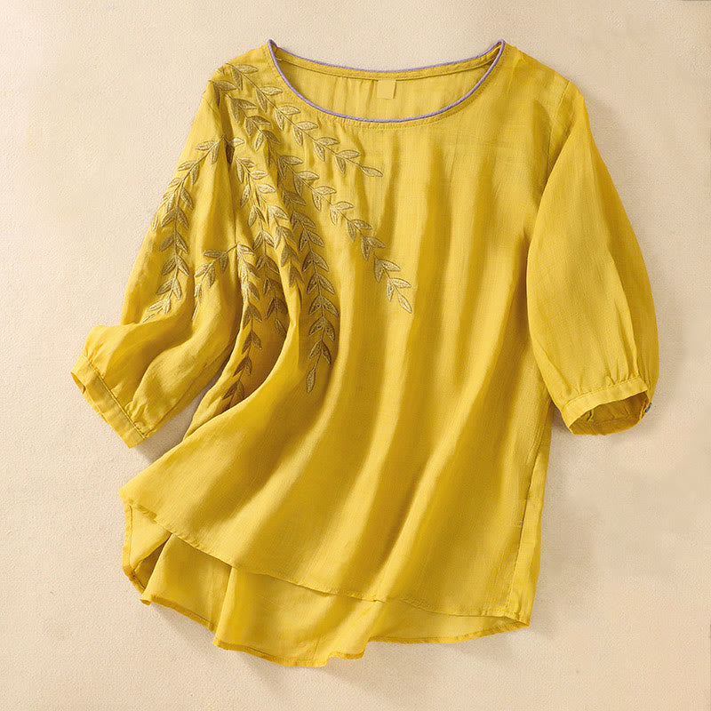 Embroidery Leaves Women's Cotton Linen Half Sleeve T-shirt