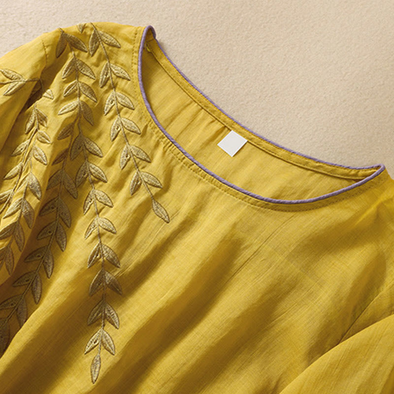 Embroidery Leaves Women's Cotton Linen Half Sleeve T-shirt