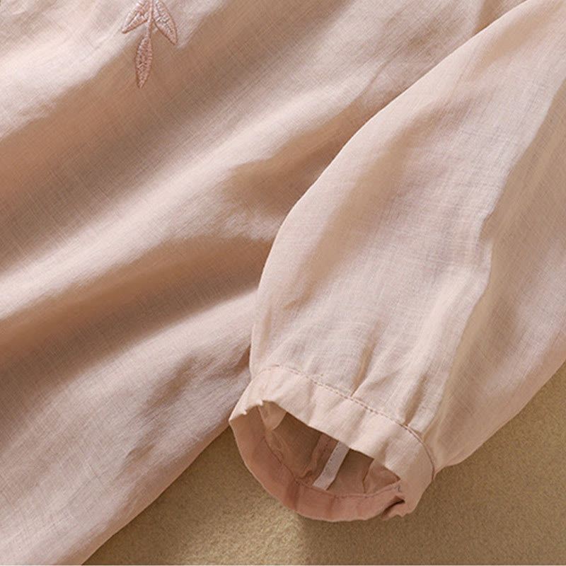 Embroidery Leaves Women's Cotton Linen Half Sleeve T-shirt