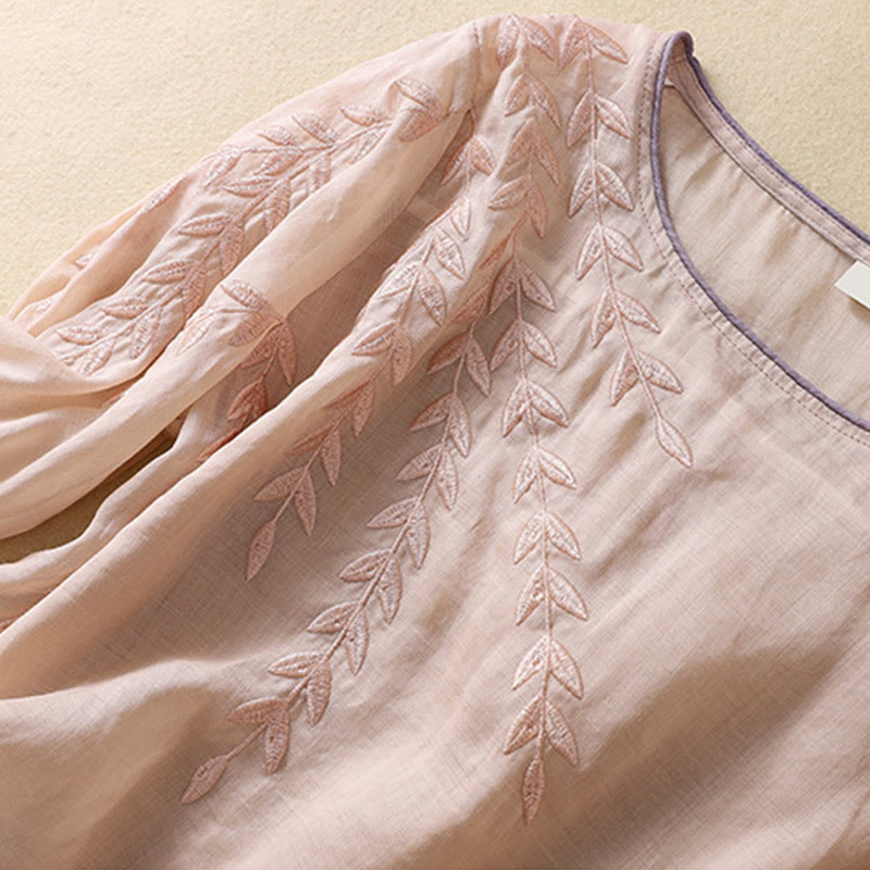 Embroidery Leaves Women's Cotton Linen Half Sleeve T-shirt