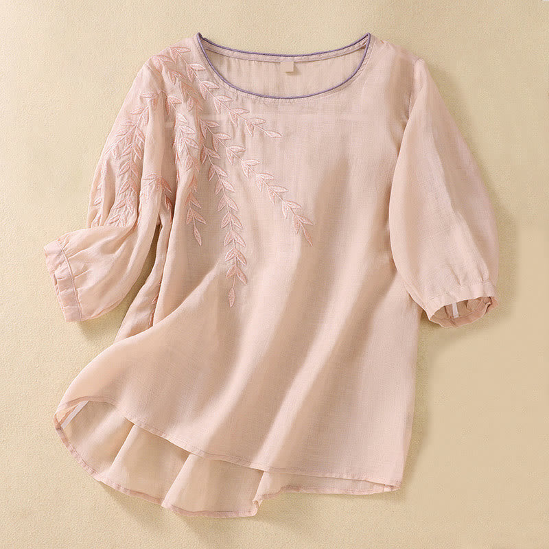 Embroidery Leaves Women's Cotton Linen Half Sleeve T-shirt