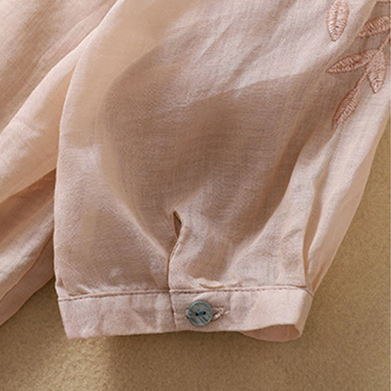 Embroidery Leaves Women's Cotton Linen Half Sleeve T-shirt