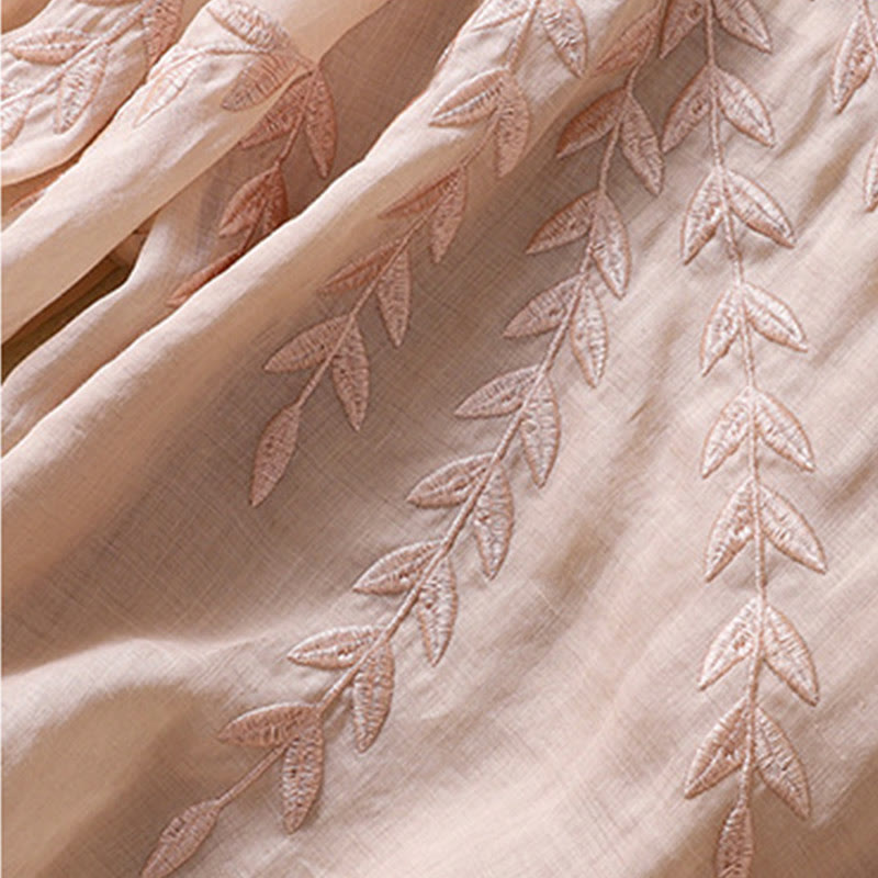Embroidery Leaves Women's Cotton Linen Half Sleeve T-shirt