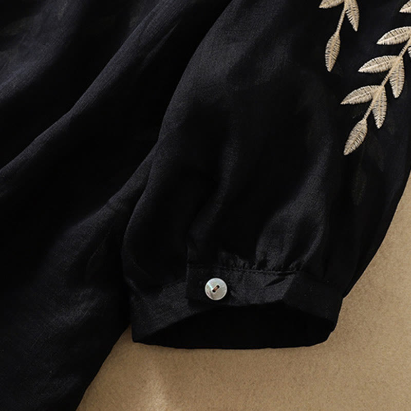 Embroidery Leaves Women's Cotton Linen Half Sleeve T-shirt