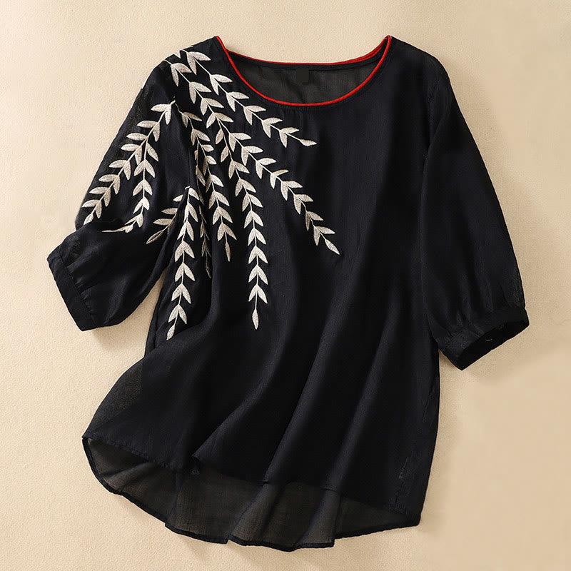 Embroidery Leaves Women's Cotton Linen Half Sleeve T-shirt