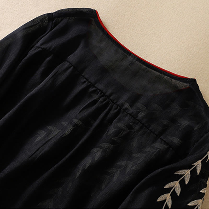 Embroidery Leaves Women's Cotton Linen Half Sleeve T-shirt