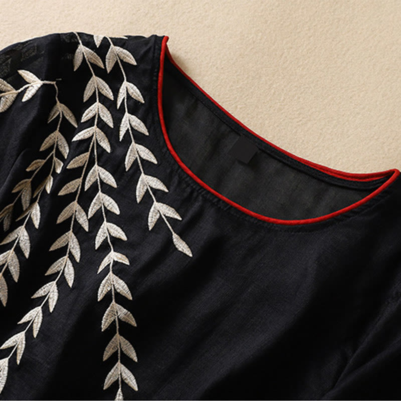 Embroidery Leaves Women's Cotton Linen Half Sleeve T-shirt