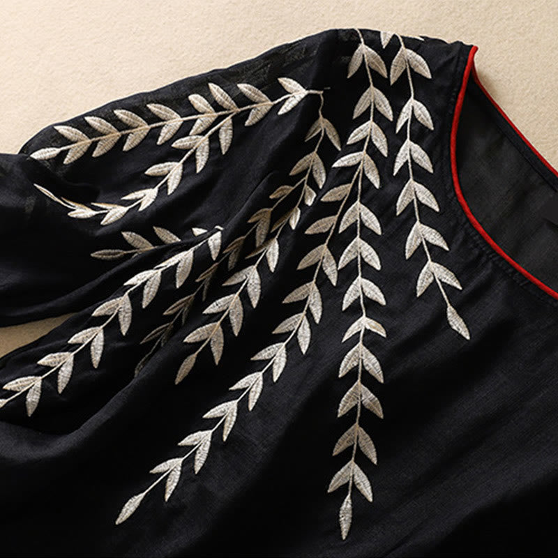 Embroidery Leaves Women's Cotton Linen Half Sleeve T-shirt