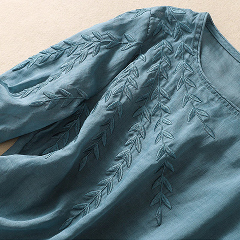 Embroidery Leaves Women's Cotton Linen Half Sleeve T-shirt