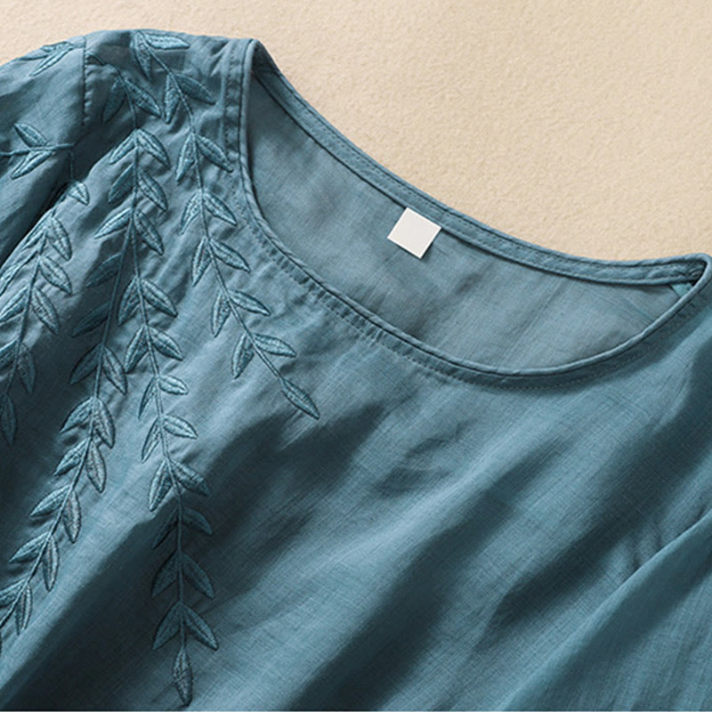 Embroidery Leaves Women's Cotton Linen Half Sleeve T-shirt
