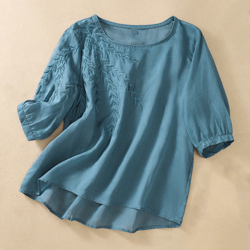 Embroidery Leaves Women's Cotton Linen Half Sleeve T-shirt