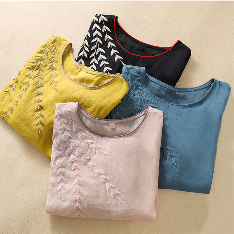 Embroidery Leaves Women's Cotton Linen Half Sleeve T-shirt