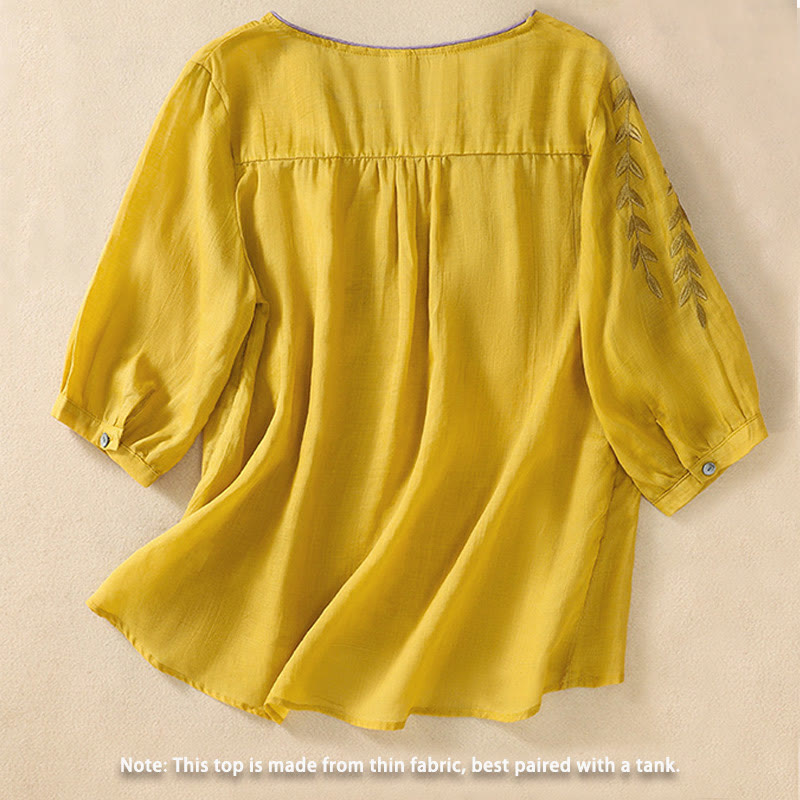 Embroidery Leaves Women's Cotton Linen Half Sleeve T-shirt