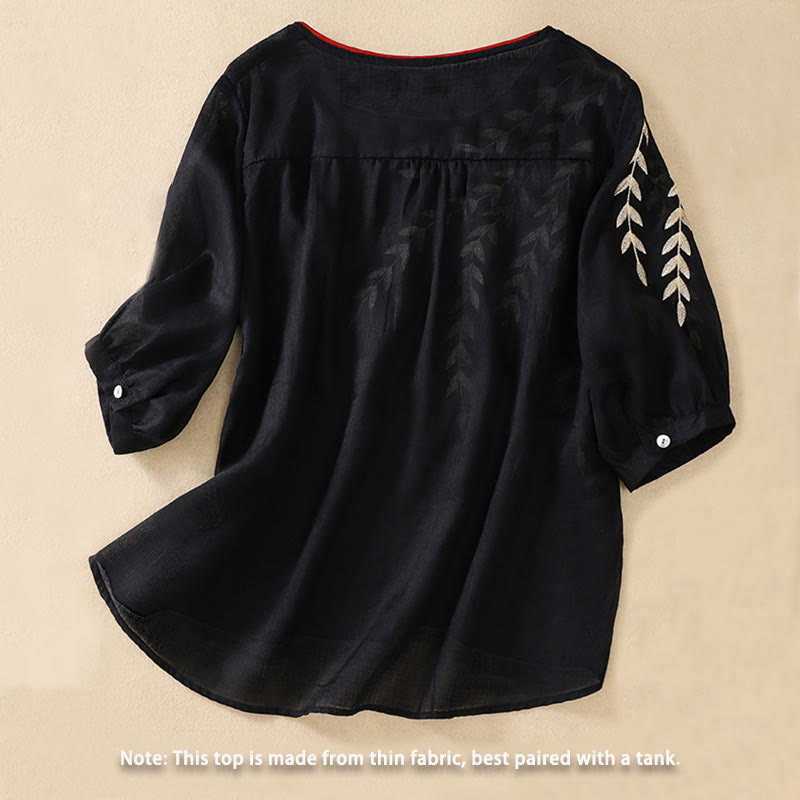 Embroidery Leaves Women's Cotton Linen Half Sleeve T-shirt