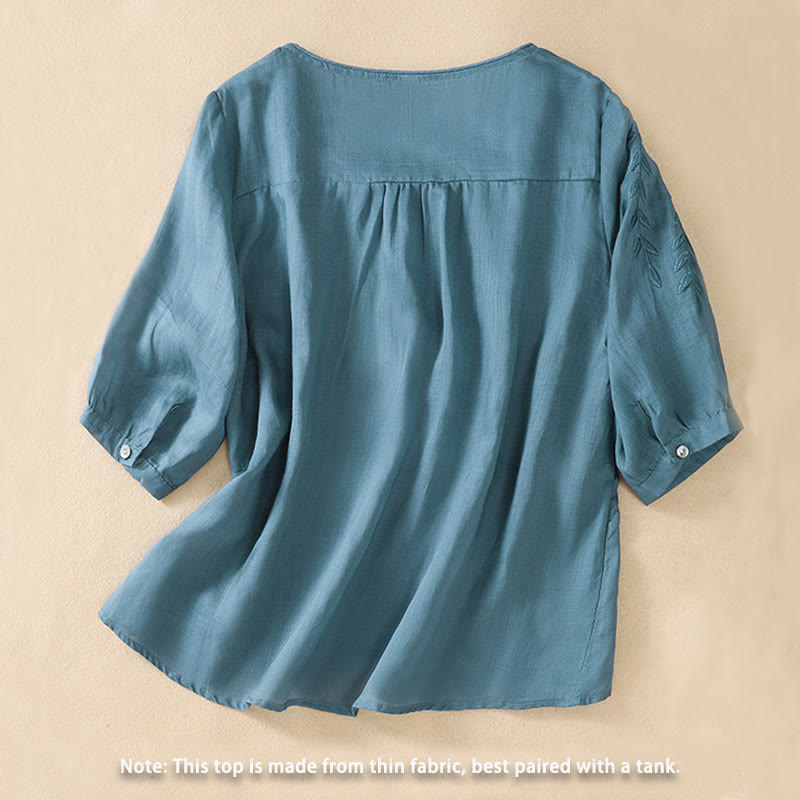 Embroidery Leaves Women's Cotton Linen Half Sleeve T-shirt