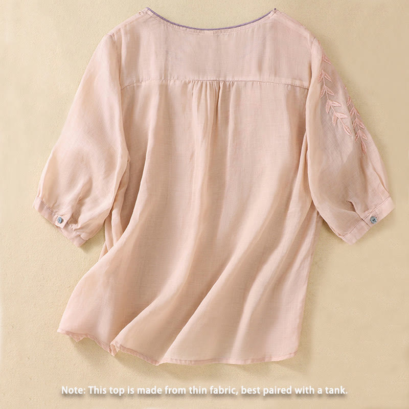 Embroidery Leaves Women's Cotton Linen Half Sleeve T-shirt