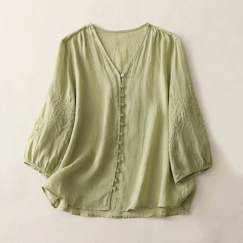 Embroidery Button-down Women's Cotton Linen Shirt