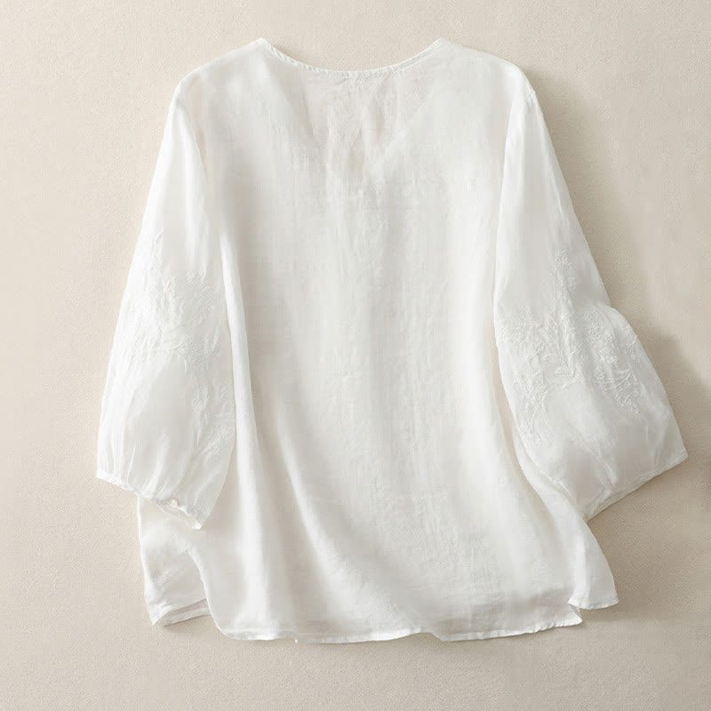 Embroidery Button-down Women's Cotton Linen Shirt