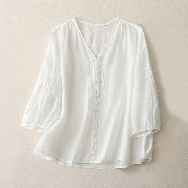 Embroidery Button-down Women's Cotton Linen Shirt
