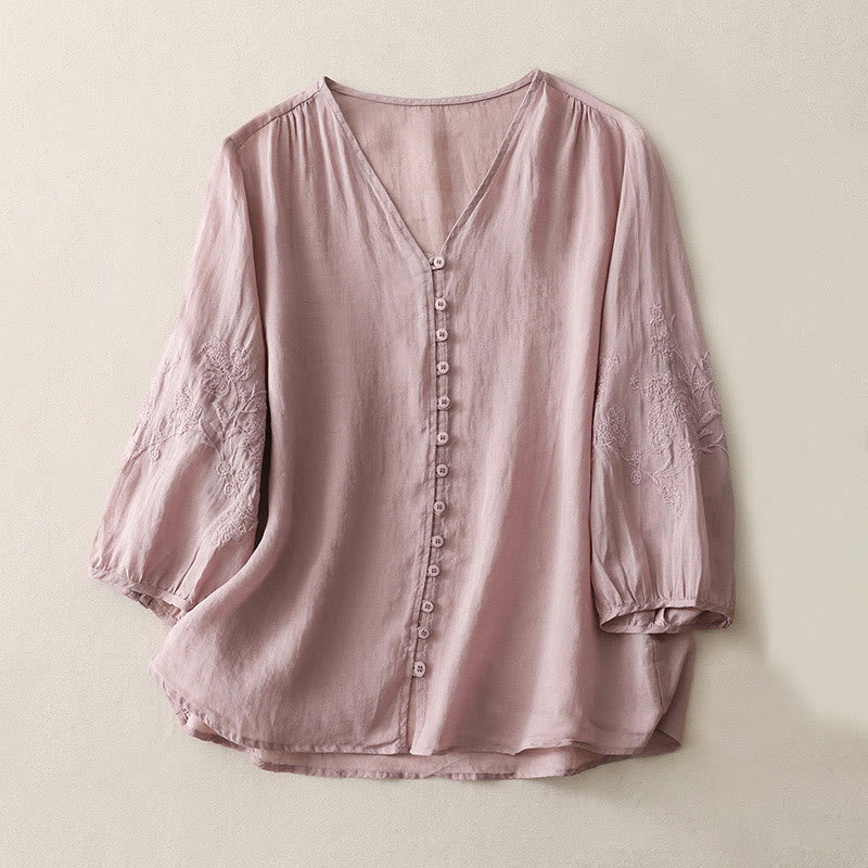 Embroidery Button-down Women's Cotton Linen Shirt
