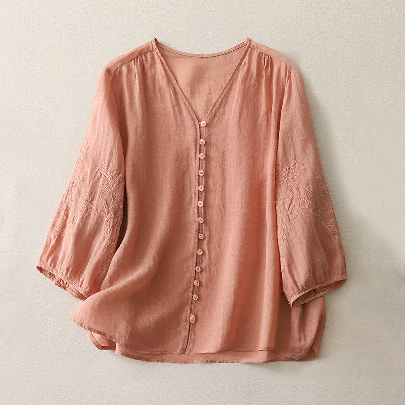 Embroidery Button-down Women's Cotton Linen Shirt