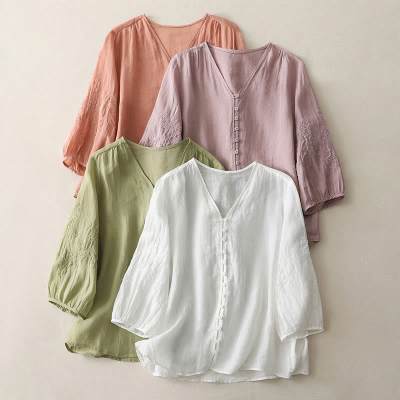 Embroidery Button-down Women's Cotton Linen Shirt