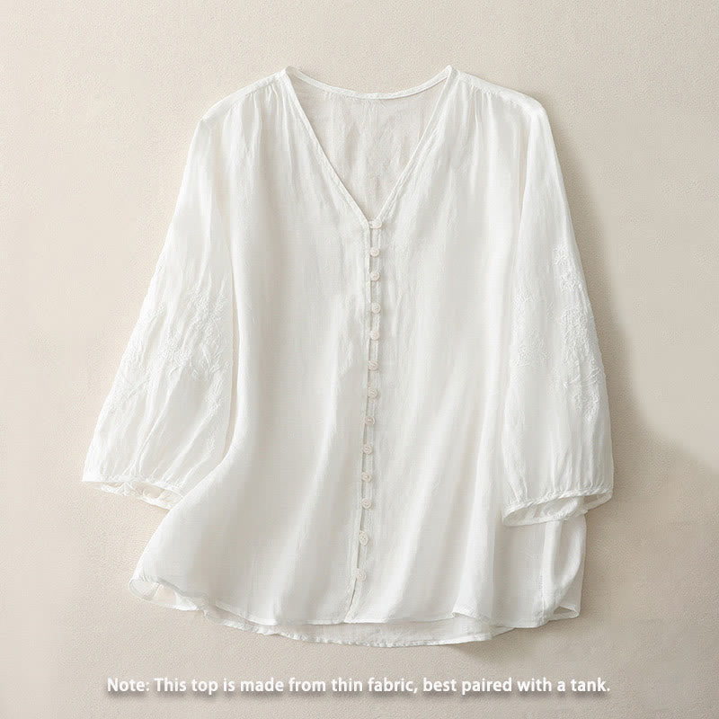 Embroidery Button-down Women's Cotton Linen Shirt