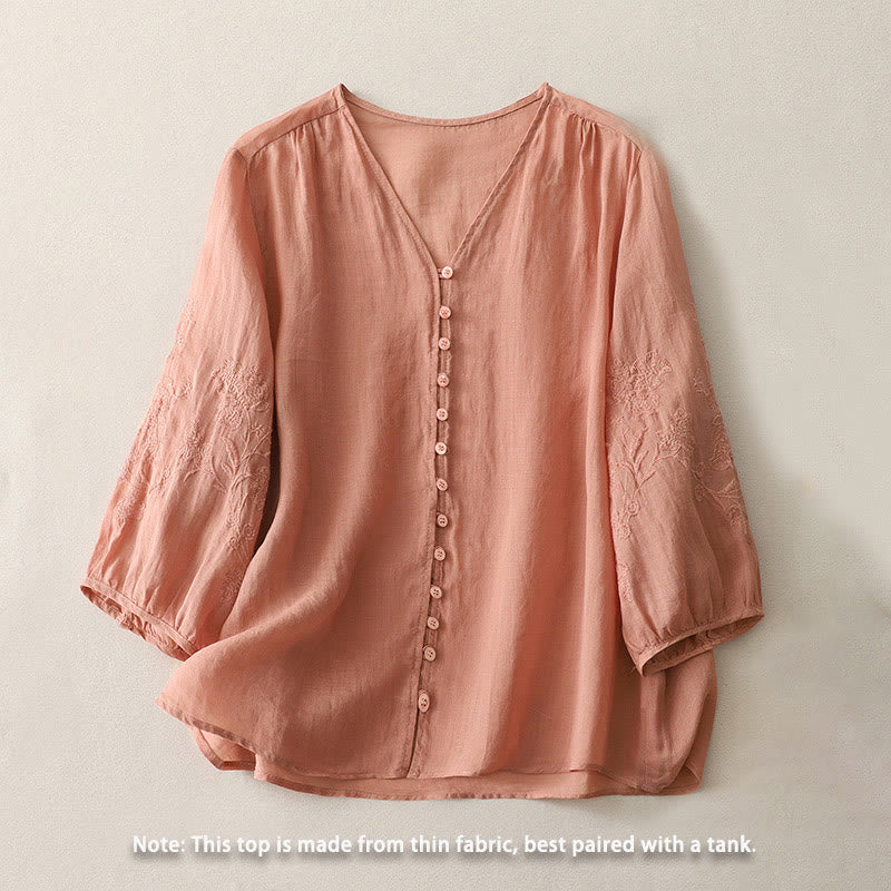 Embroidery Button-down Women's Cotton Linen Shirt