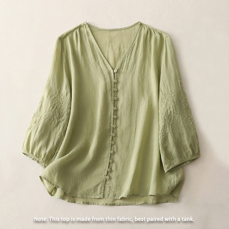 Embroidery Button-down Women's Cotton Linen Shirt