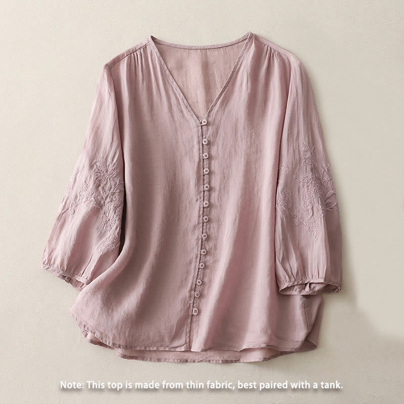 Embroidery Button-down Women's Cotton Linen Shirt