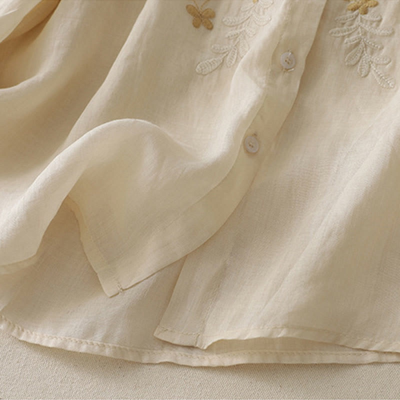 Embroidery Flowers Single Breasted Women's Cotton Linen Shirt