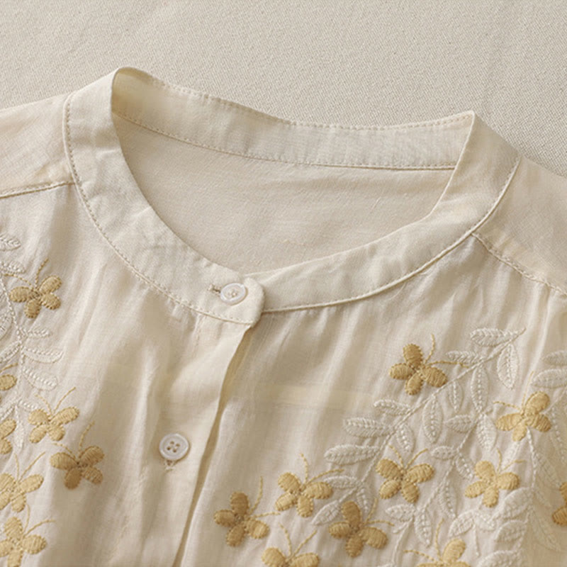 Embroidery Flowers Single Breasted Women's Cotton Linen Shirt