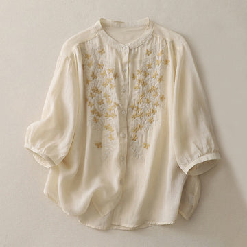 Embroidery Flowers Single Breasted Women's Cotton Linen Shirt