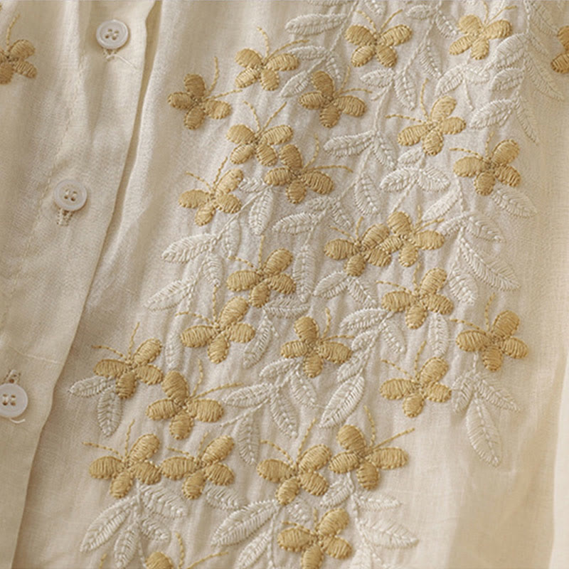 Embroidery Flowers Single Breasted Women's Cotton Linen Shirt