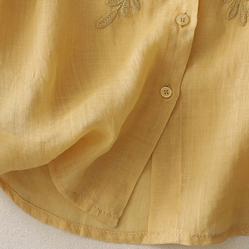 Embroidery Flowers Single Breasted Women's Cotton Linen Shirt