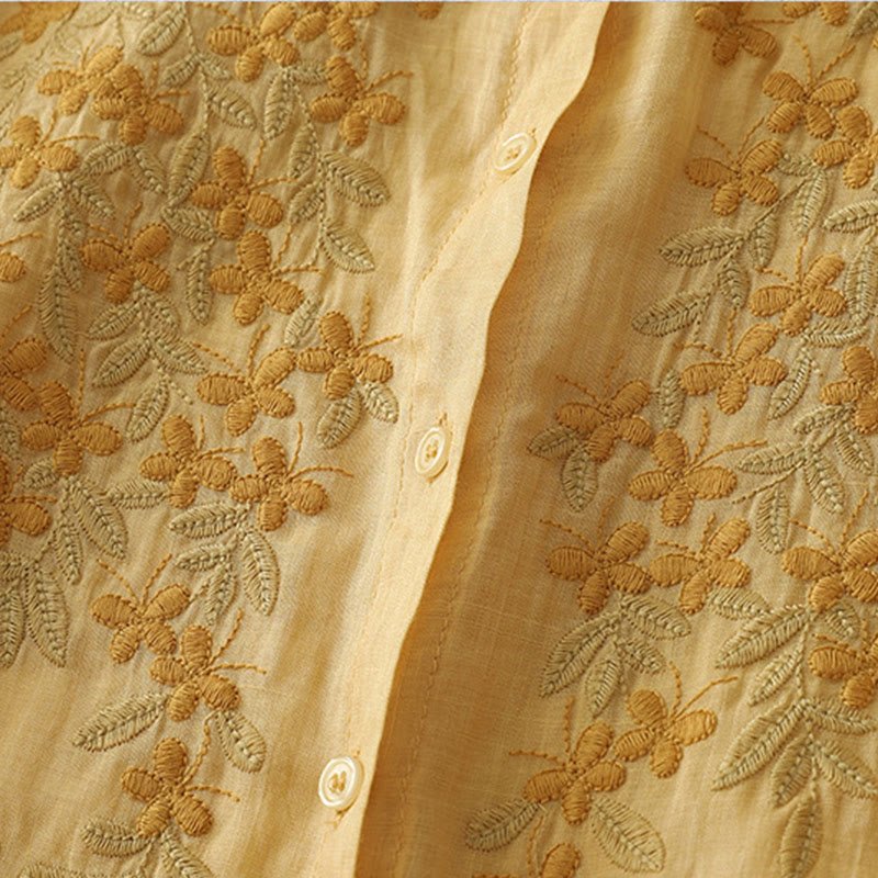 Embroidery Flowers Single Breasted Women's Cotton Linen Shirt