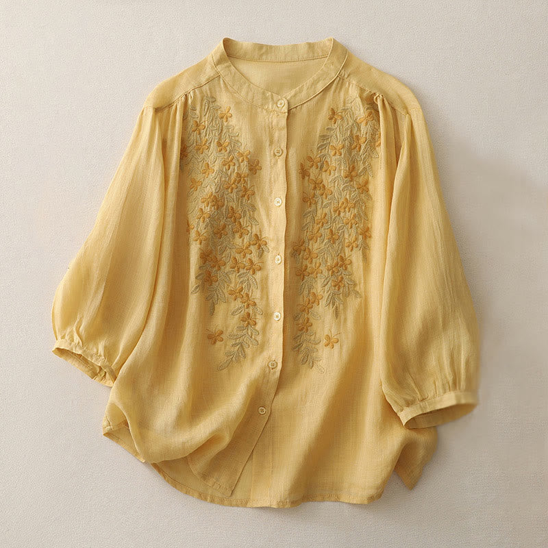 Embroidery Flowers Single Breasted Women's Cotton Linen Shirt