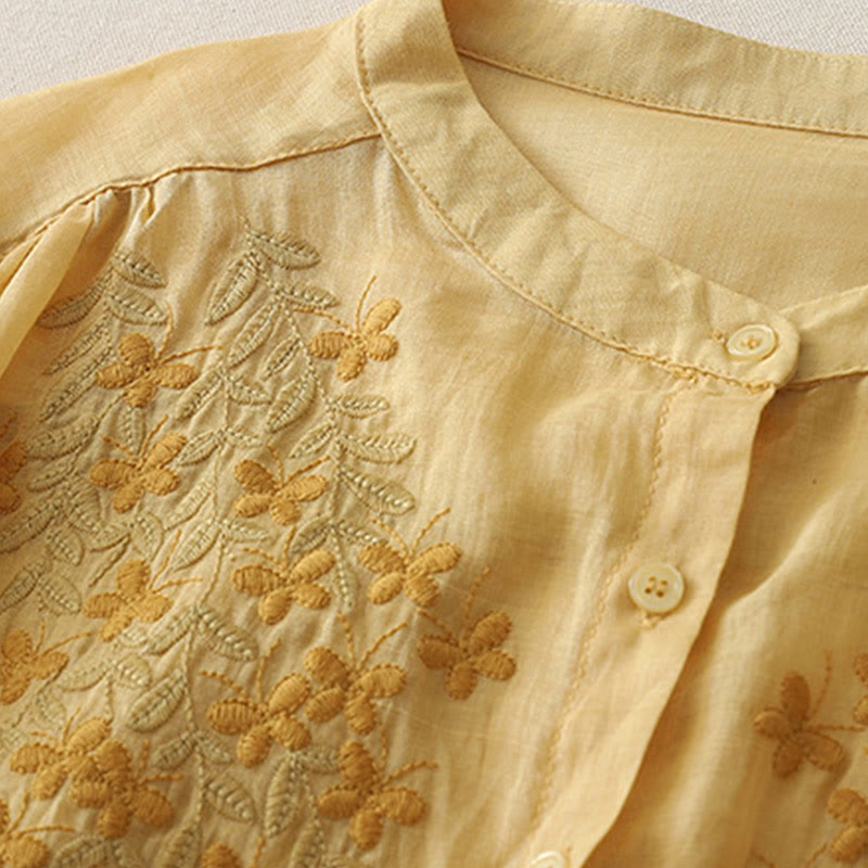 Embroidery Flowers Single Breasted Women's Cotton Linen Shirt