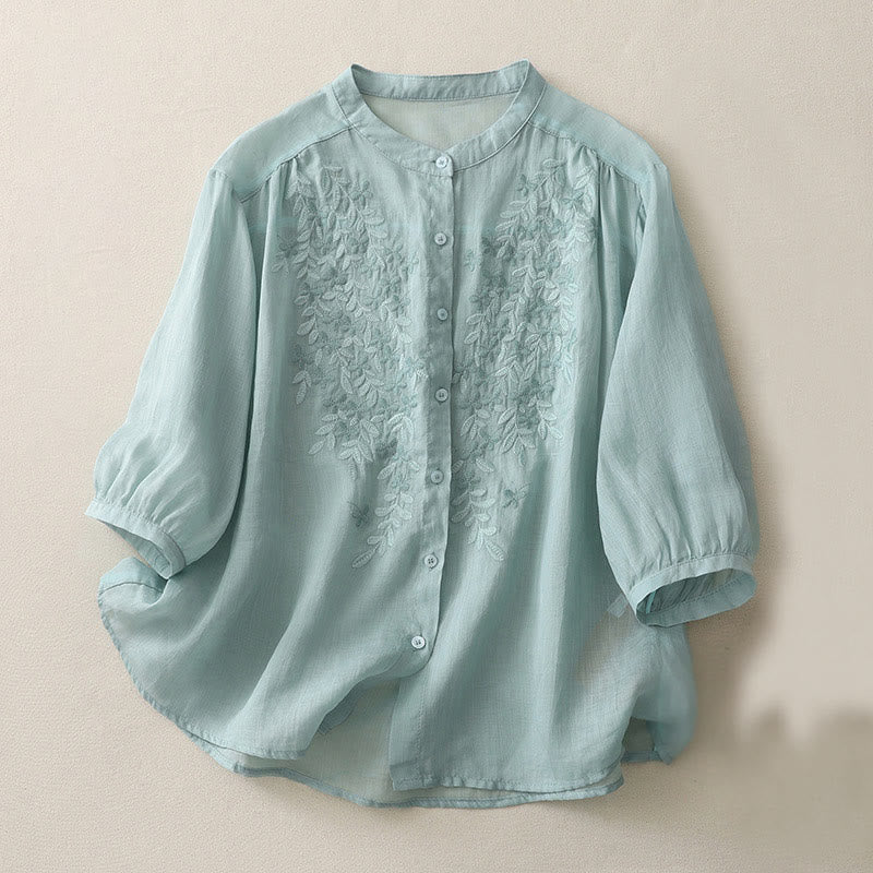 Embroidery Flowers Single Breasted Women's Cotton Linen Shirt