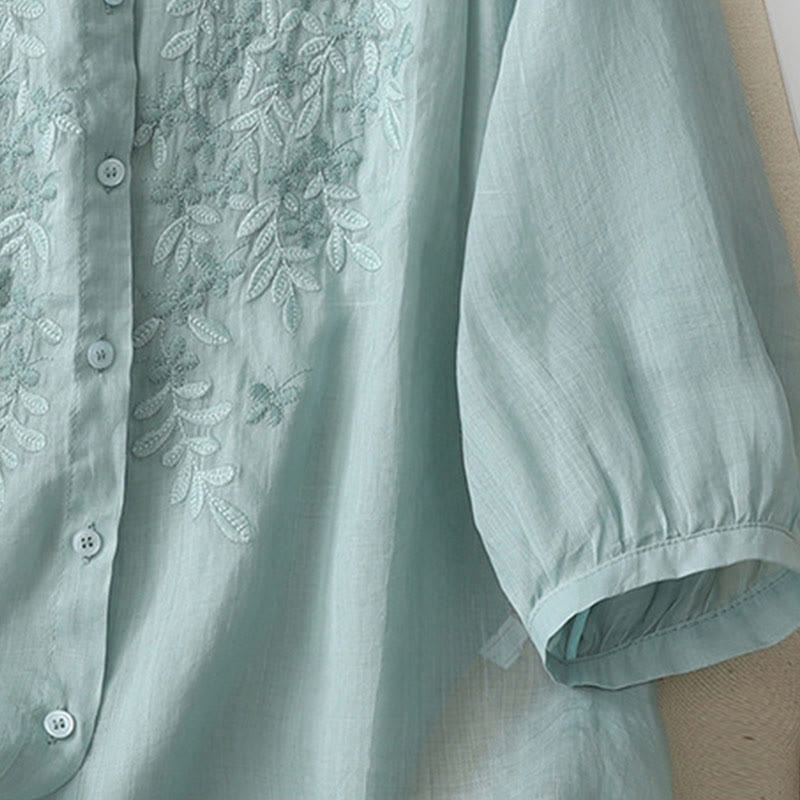 Embroidery Flowers Single Breasted Women's Cotton Linen Shirt