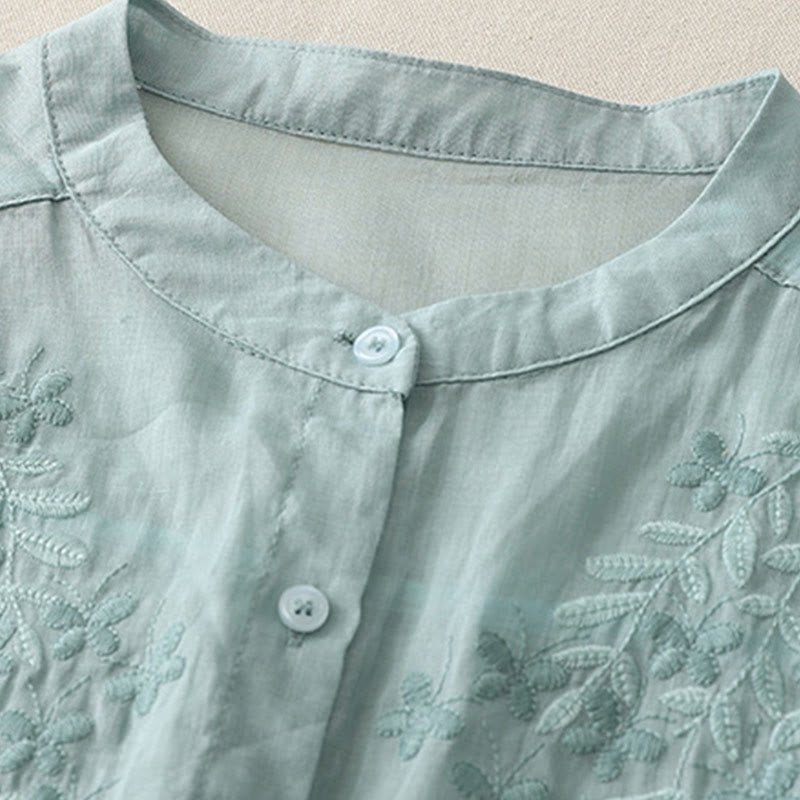 Embroidery Flowers Single Breasted Women's Cotton Linen Shirt