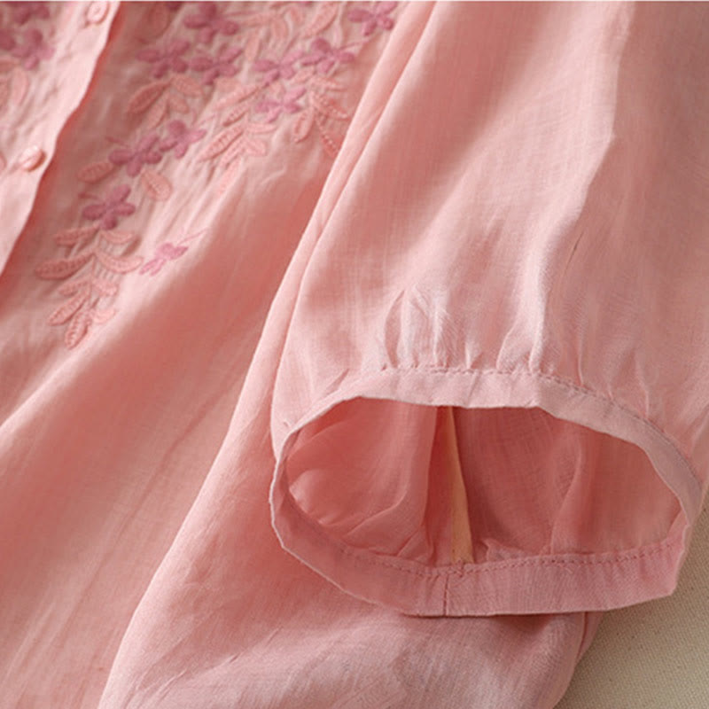 Embroidery Flowers Single Breasted Women's Cotton Linen Shirt