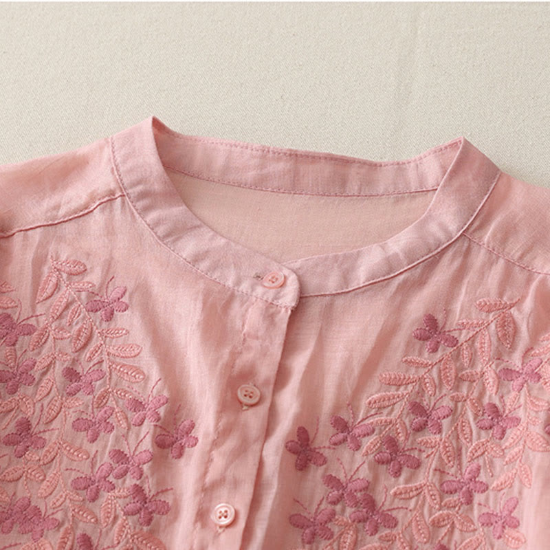 Embroidery Flowers Single Breasted Women's Cotton Linen Shirt