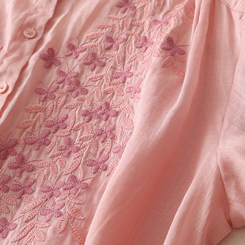 Embroidery Flowers Single Breasted Women's Cotton Linen Shirt