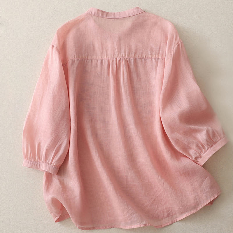 Embroidery Flowers Single Breasted Women's Cotton Linen Shirt