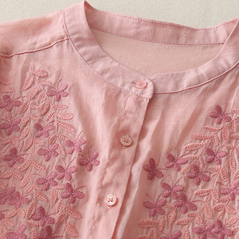 Embroidery Flowers Single Breasted Women's Cotton Linen Shirt
