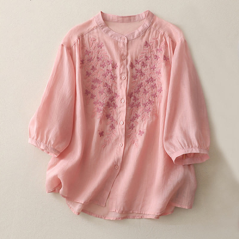 Embroidery Flowers Single Breasted Women's Cotton Linen Shirt