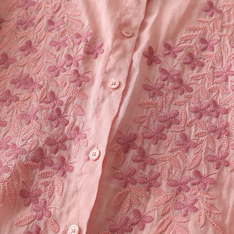Embroidery Flowers Single Breasted Women's Cotton Linen Shirt