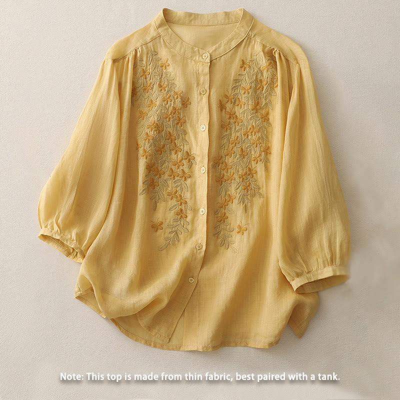 Embroidery Flowers Single Breasted Women's Cotton Linen Shirt