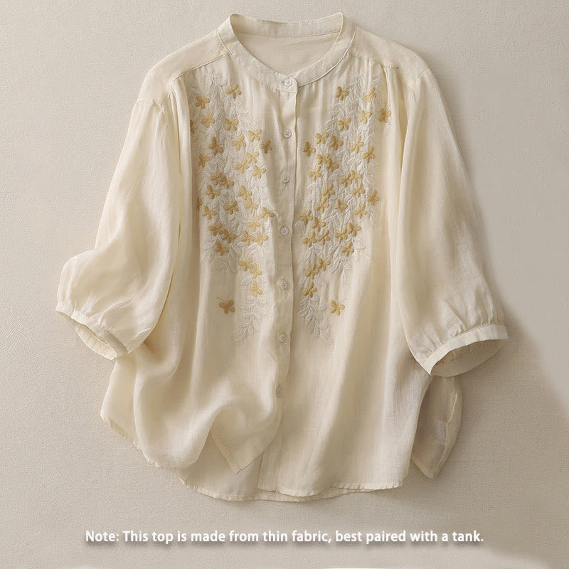 Embroidery Flowers Single Breasted Women's Cotton Linen Shirt